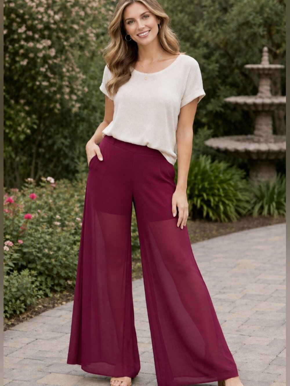 UNIQ Sheer Burgundy Pants w/ Built In Shorts Extra Wide Leg Elastic Waist Large